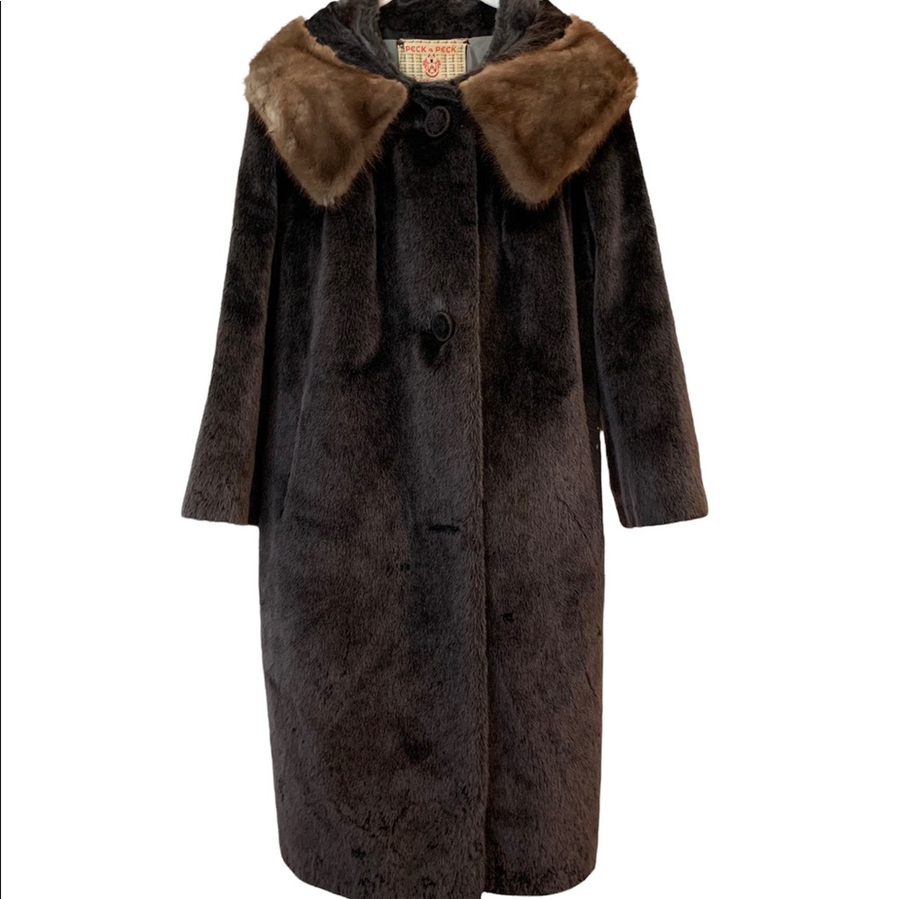 Vintage Peck & Peck Fifth Avenue NY Faux Fur Full-Length Coat w/ Real Fur Collar